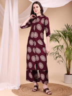 Two-Piece Ethnic Motifs Printed Kurta With Palazzo, Wine - Hiral Fashion | Grocsy