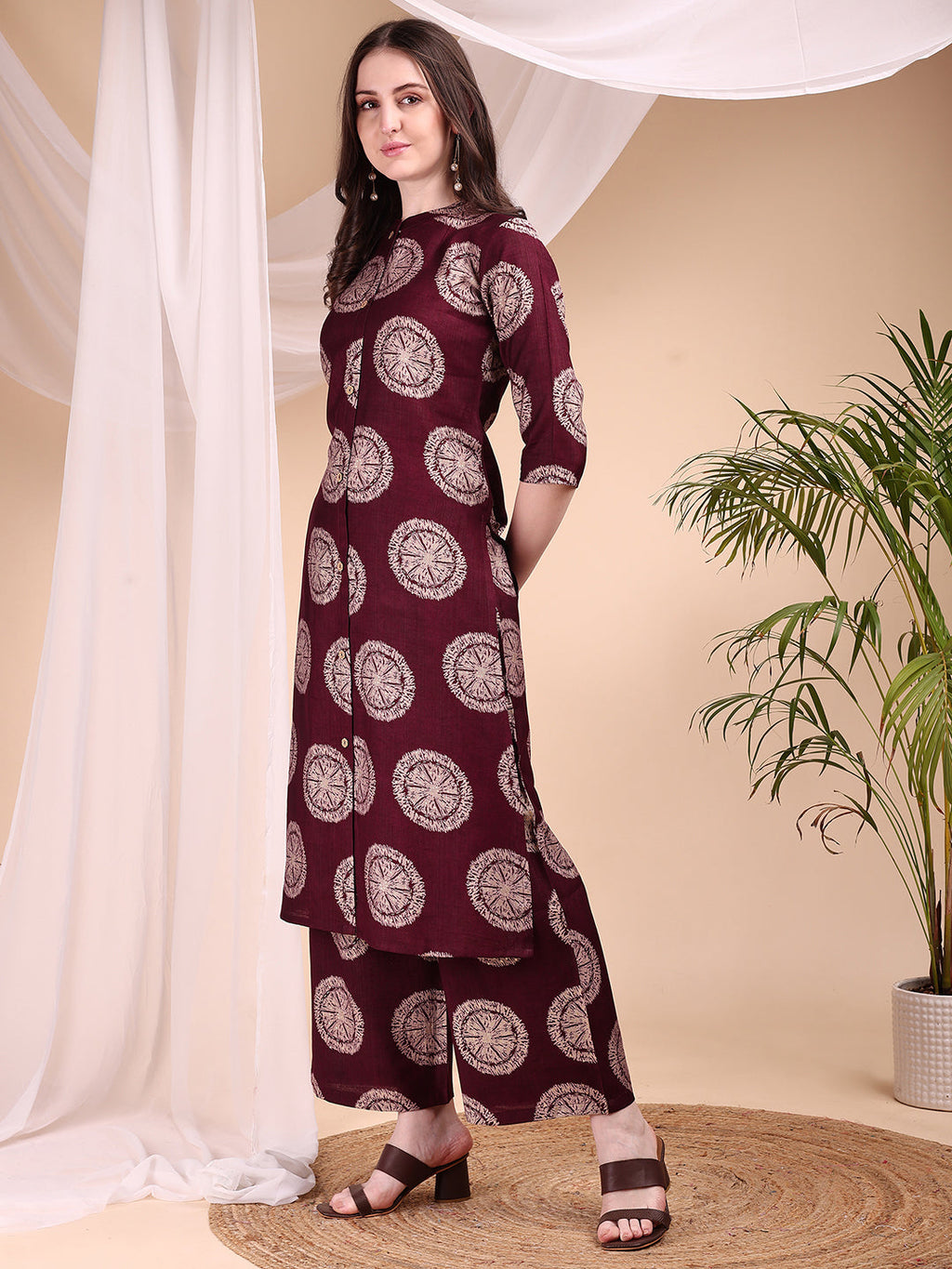 Two-Piece Ethnic Motifs Printed Kurta With Palazzo, Wine - Hiral Fashion | Grocsy