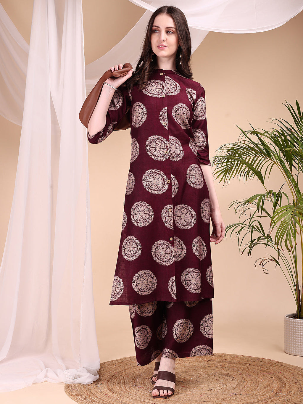 Two-Piece Ethnic Motifs Printed Kurta With Palazzo, Wine - Hiral Fashion | Grocsy