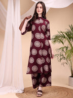 Two-Piece Ethnic Motifs Printed Kurta With Palazzo, Wine - Hiral Fashion | Grocsy