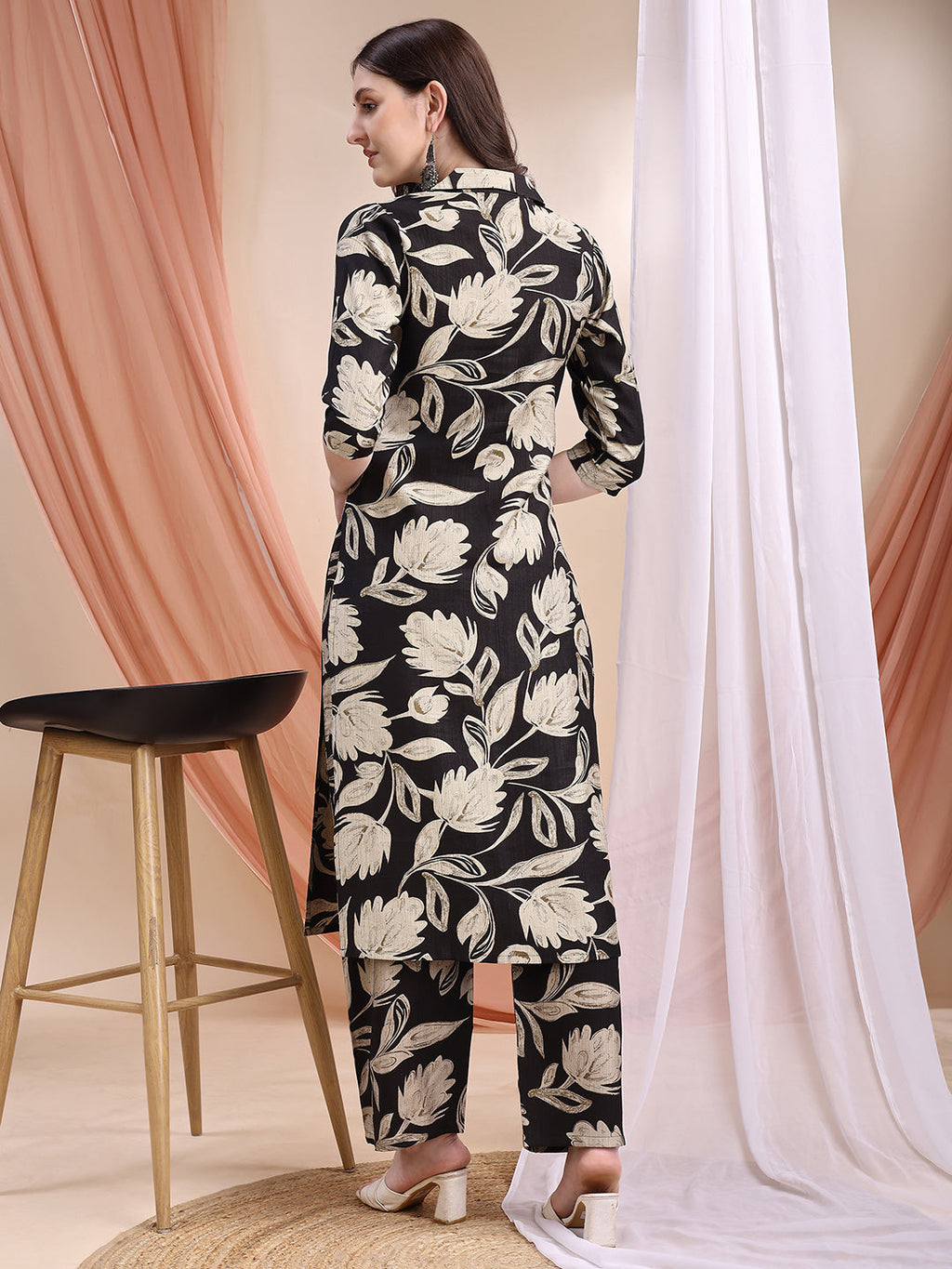 Printed Coordinated Kurta And Palazzo Set, Black - Hiral Fashion | Grocsy