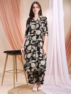 Printed Coordinated Kurta And Palazzo Set, Black - Hiral Fashion | Grocsy