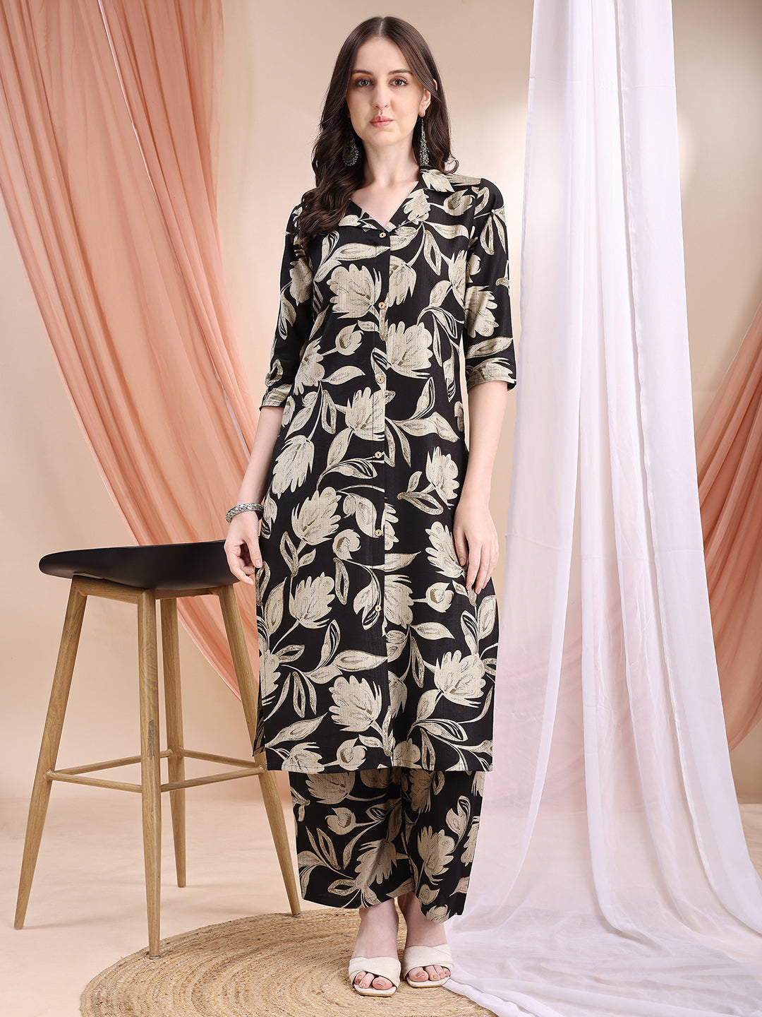 Printed Coordinated Kurta And Palazzo Set, Black - Hiral Fashion | Grocsy