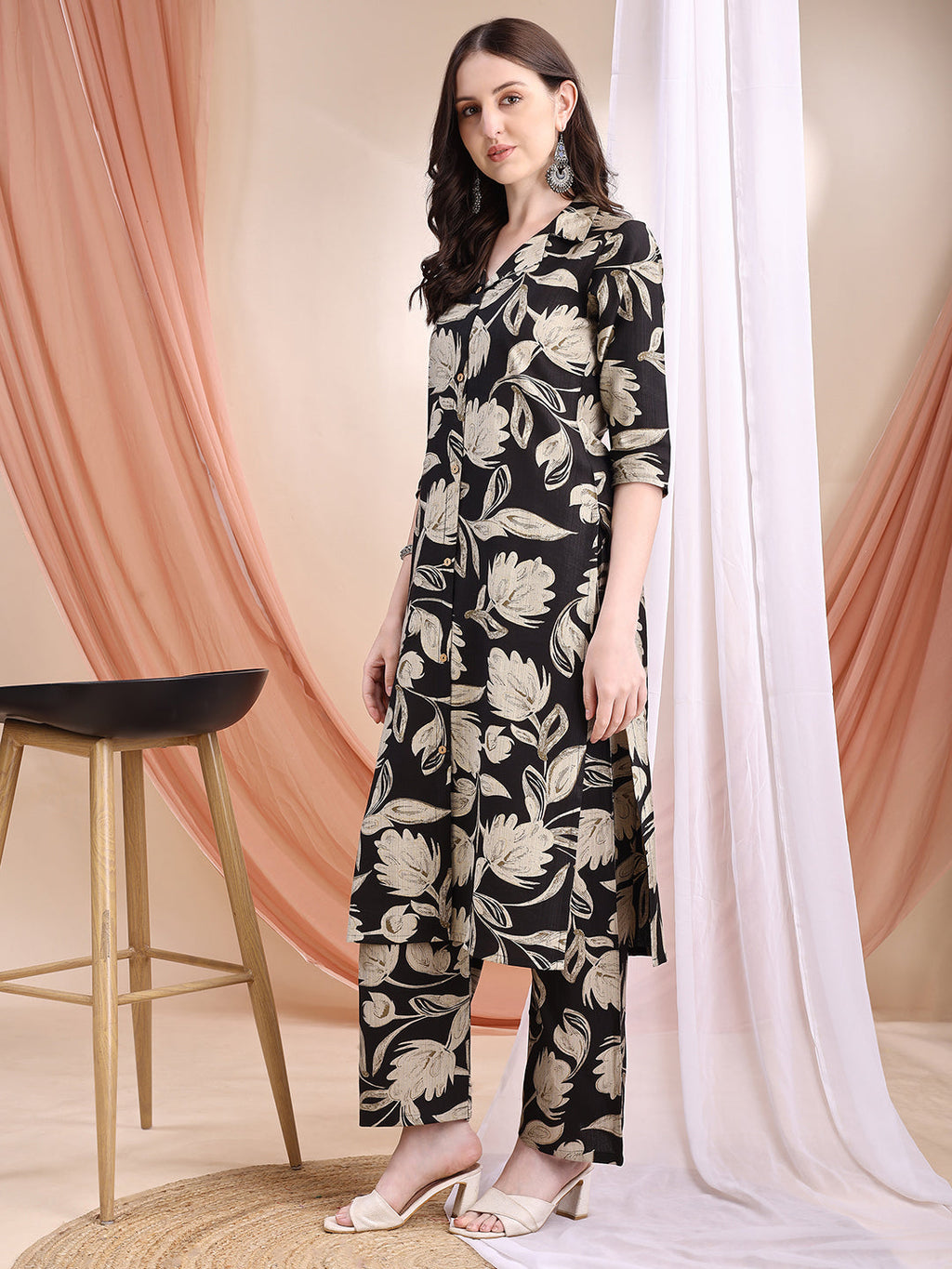 Printed Coordinated Kurta And Palazzo Set, Black - Hiral Fashion | Grocsy