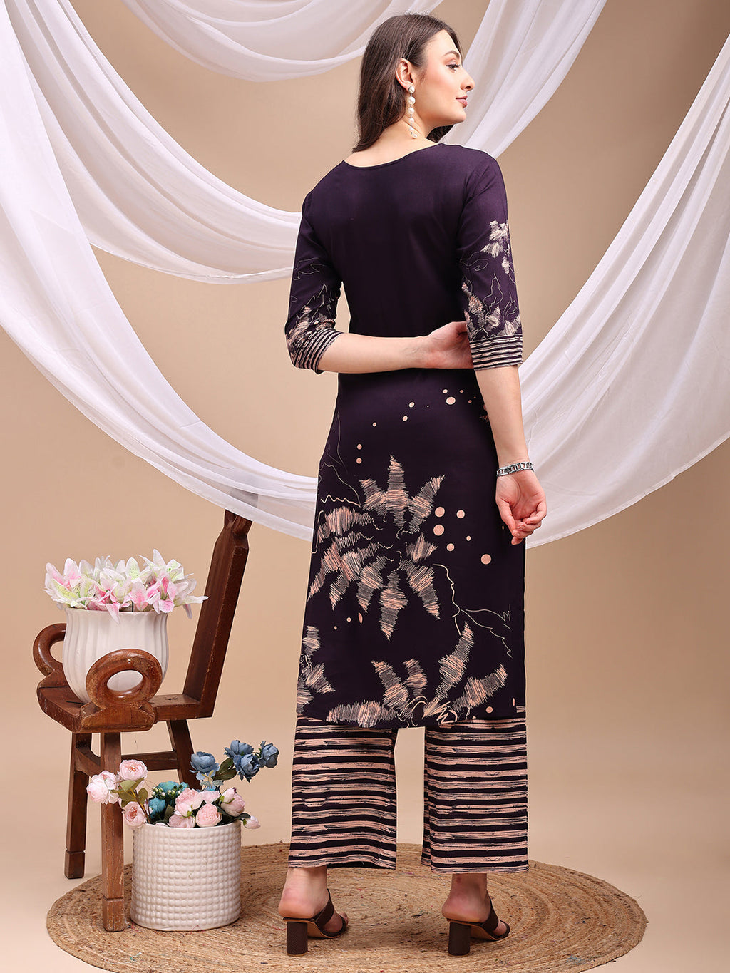 All-Over Abstract Floral Kurta-Palazzo Set, Violet - Hiral Fashion | Grocsy