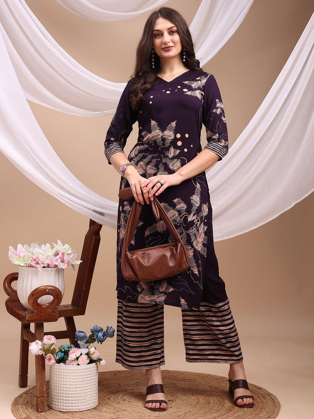 All-Over Abstract Floral Kurta-Palazzo Set, Violet - Hiral Fashion | Grocsy