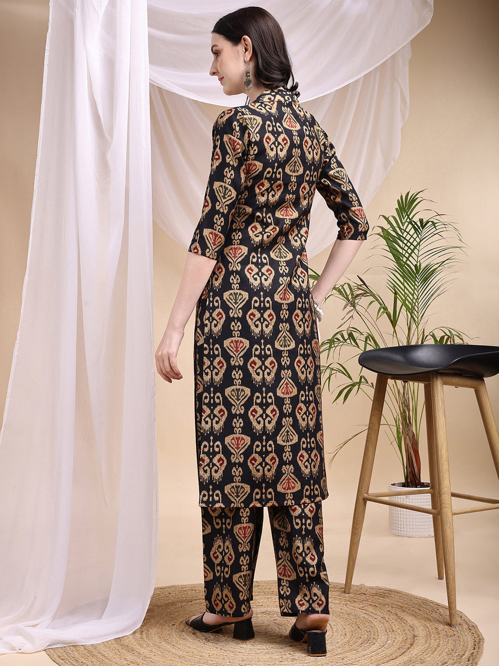 Ikat Printed Kurta With Palazzo Set, Black - Hiral Fashion | Grocsy