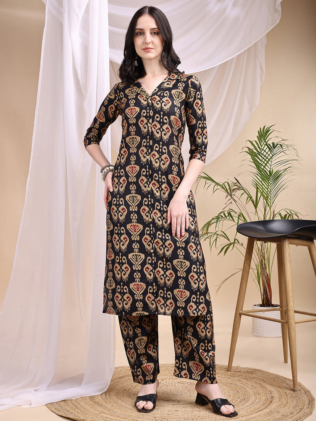 Ikat Printed Kurta With Palazzo Set, Black - Hiral Fashion | Grocsy