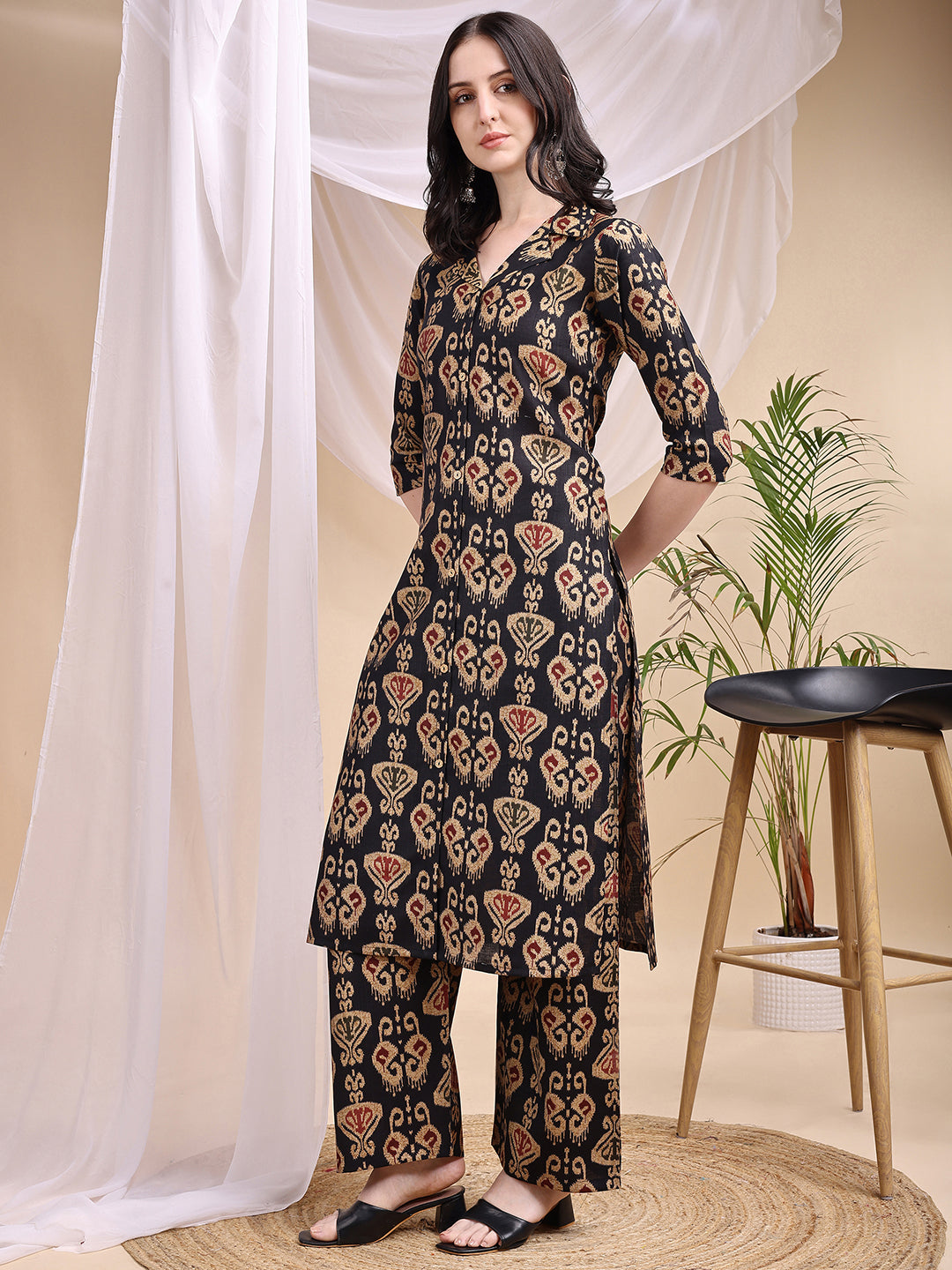 Ikat Printed Kurta With Palazzo Set, Black - Hiral Fashion | Grocsy