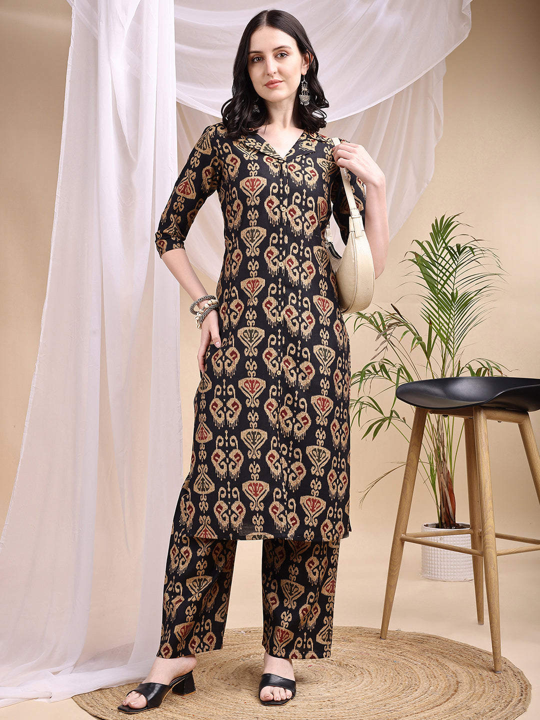 Ikat Printed Kurta With Palazzo Set, Black - Hiral Fashion | Grocsy