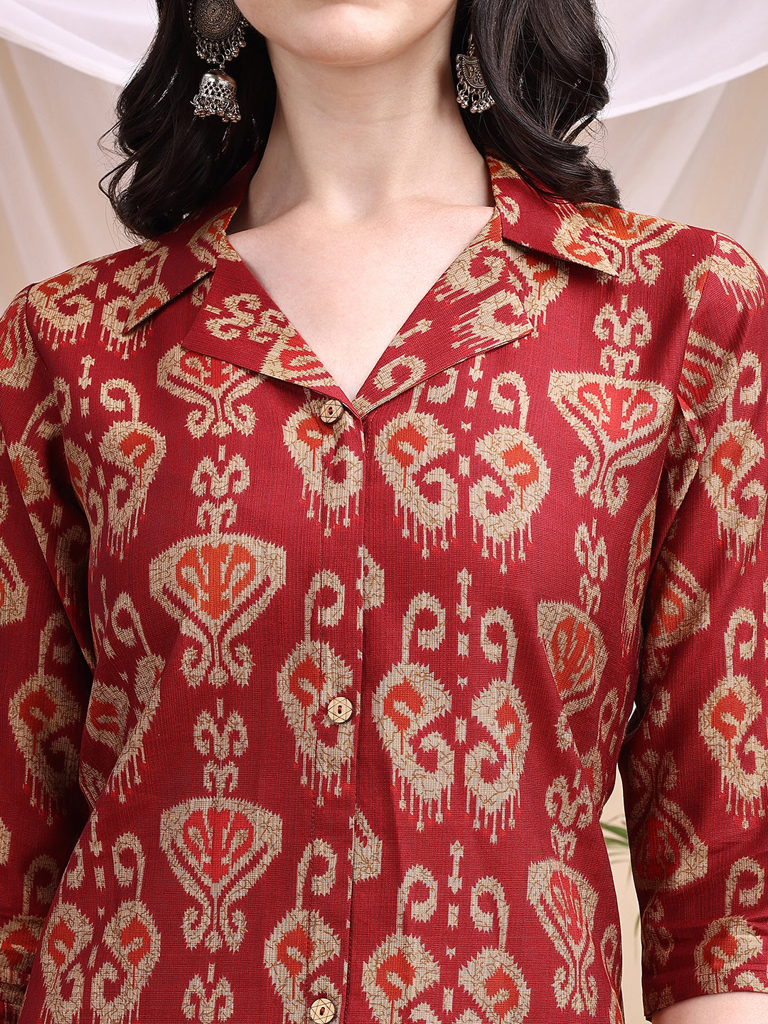 Ikat Printed Kurta With Palazzo Set, Maroon - Hiral Fashion | Grocsy