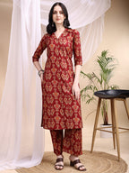 Ikat Printed Kurta With Palazzo Set, Maroon - Hiral Fashion | Grocsy