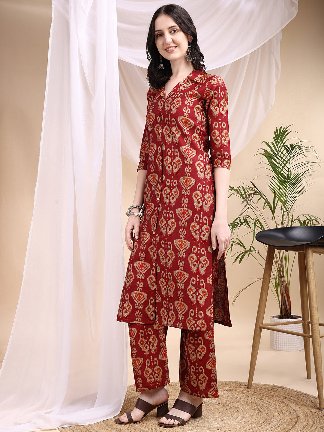 Ikat Printed Kurta With Palazzo Set, Maroon - Hiral Fashion | Grocsy