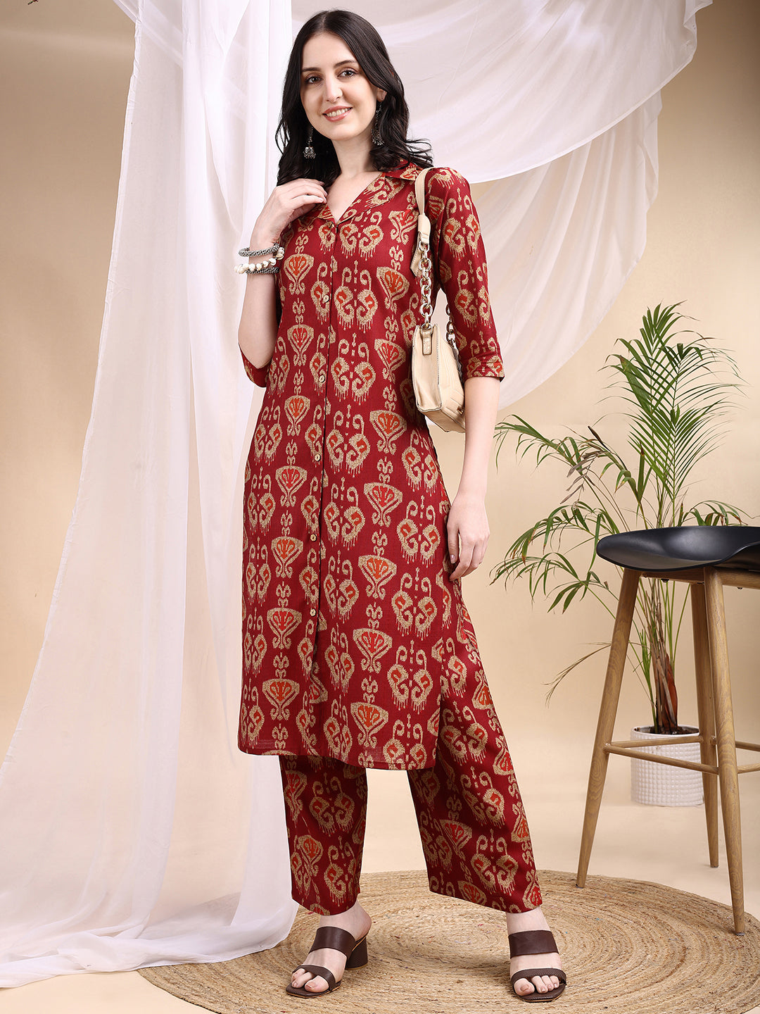Ikat Printed Kurta With Palazzo Set, Maroon - Hiral Fashion | Grocsy