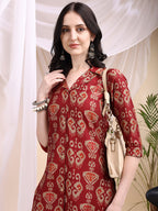 Ikat Printed Kurta With Palazzo Set, Maroon - Hiral Fashion | Grocsy