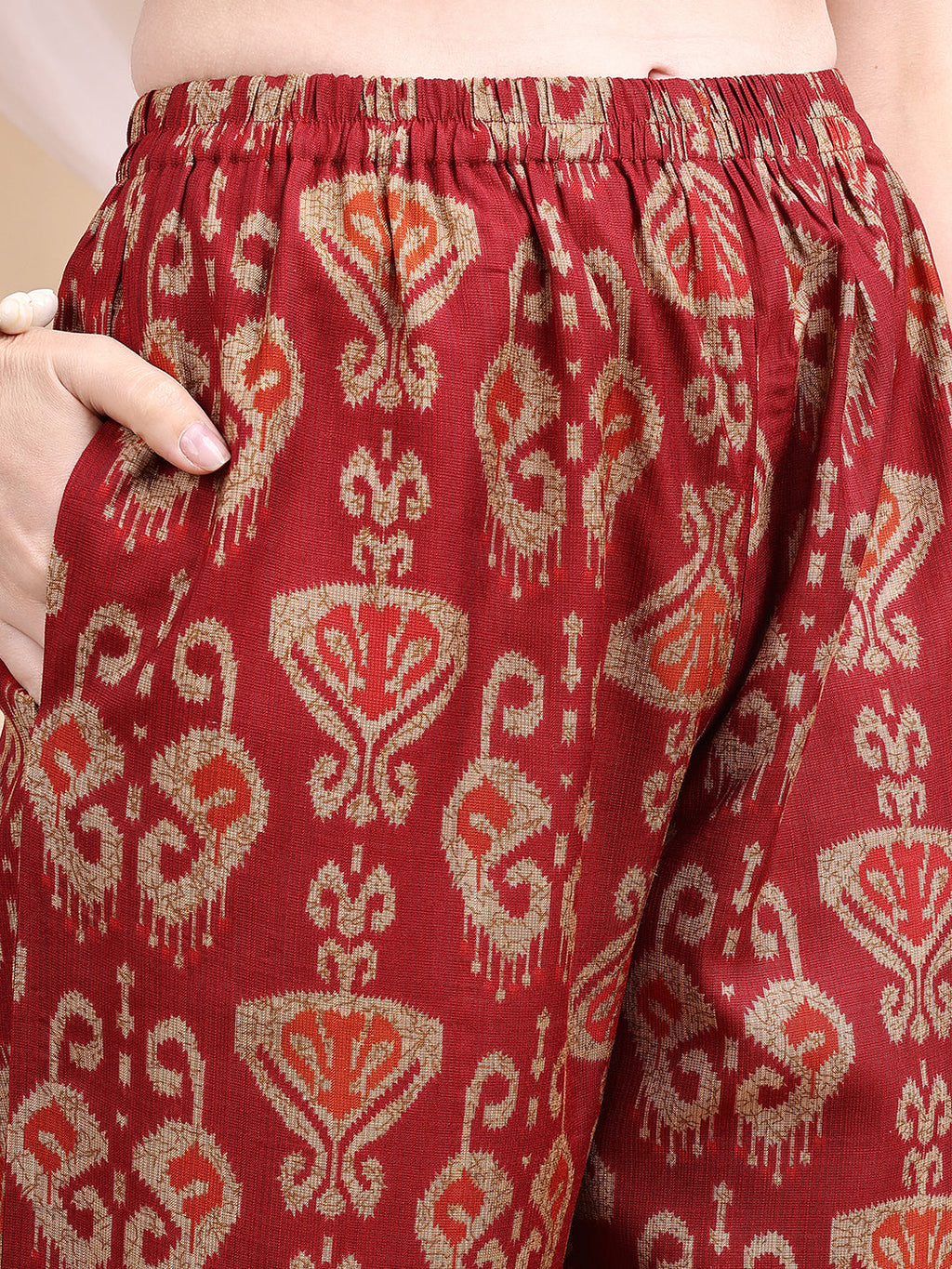 Ikat Printed Kurta With Palazzo Set, Maroon - Hiral Fashion | Grocsy