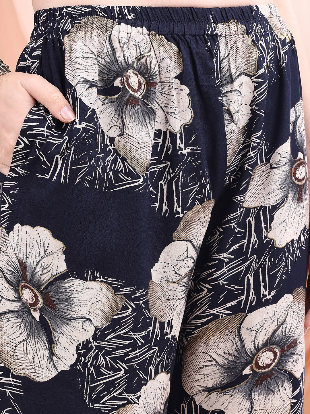Floral Printed Kurta With Palazzo, Navy Blue - Hiral Fashion | Grocsy