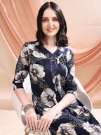 Floral Printed Kurta With Palazzo, Navy Blue - Hiral Fashion | Grocsy