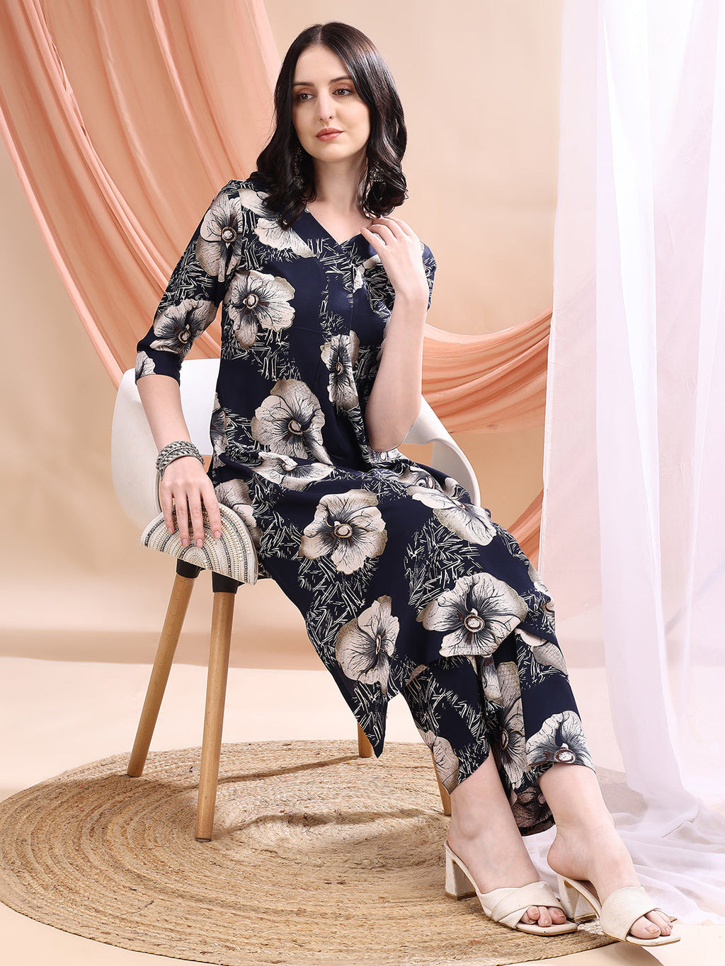 Floral Printed Kurta With Palazzo, Navy Blue - Hiral Fashion | Grocsy