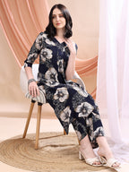 Floral Printed Kurta With Palazzo, Navy Blue - Hiral Fashion | Grocsy