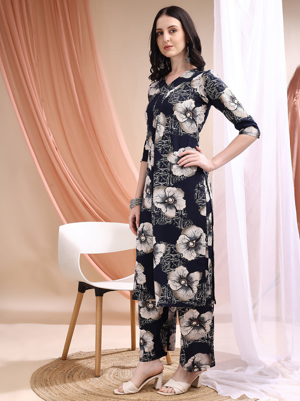 Floral Printed Kurta With Palazzo, Navy Blue - Hiral Fashion | Grocsy