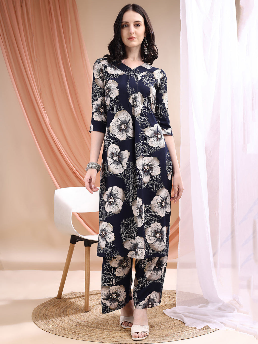 Floral Printed Kurta With Palazzo, Navy Blue - Hiral Fashion | Grocsy