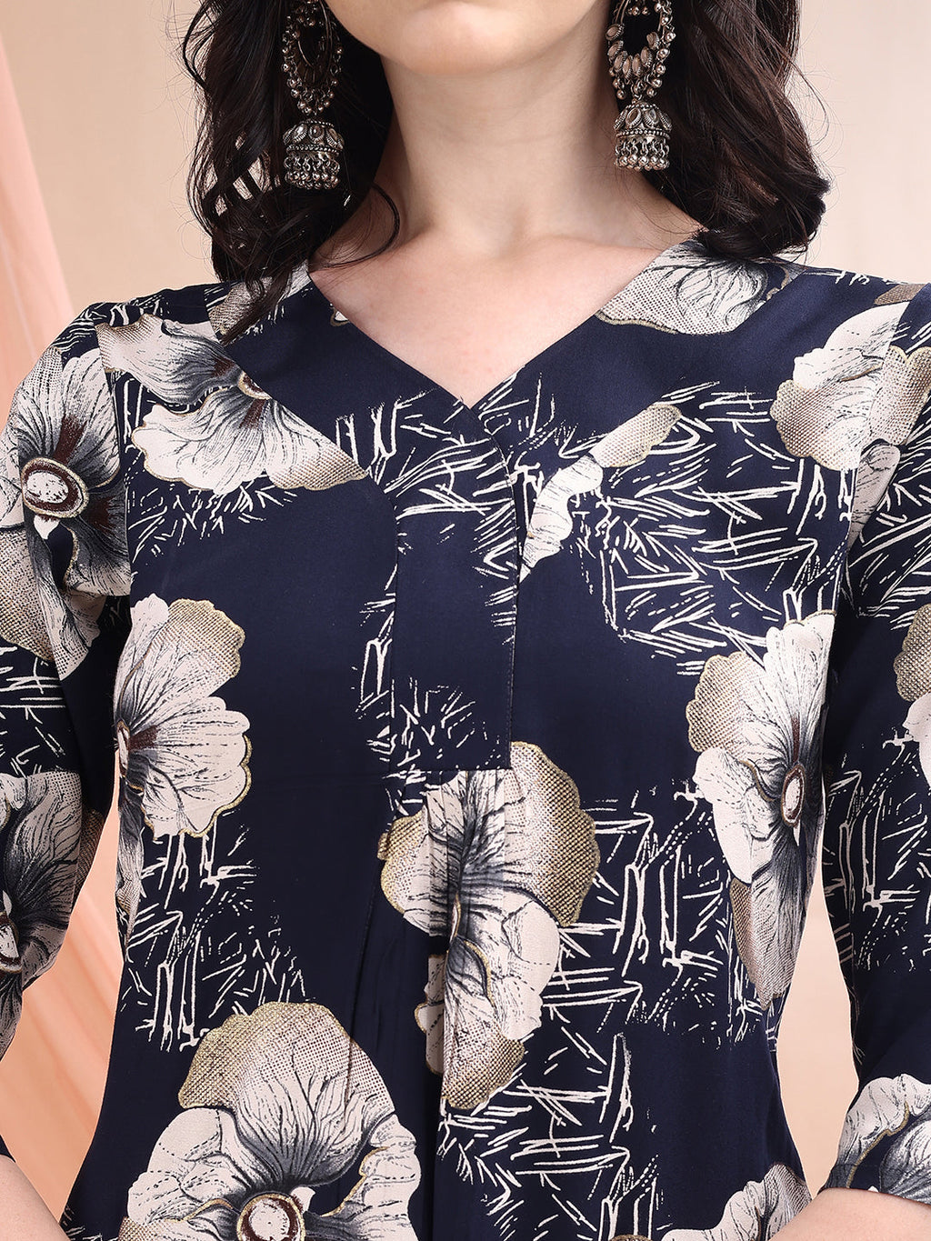 Floral Printed Kurta With Palazzo, Navy Blue - Hiral Fashion | Grocsy