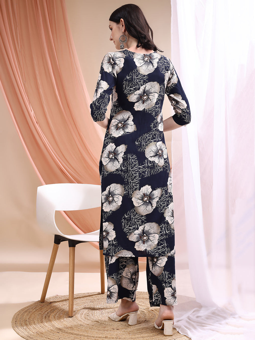 Floral Printed Kurta With Palazzo, Navy Blue - Hiral Fashion | Grocsy