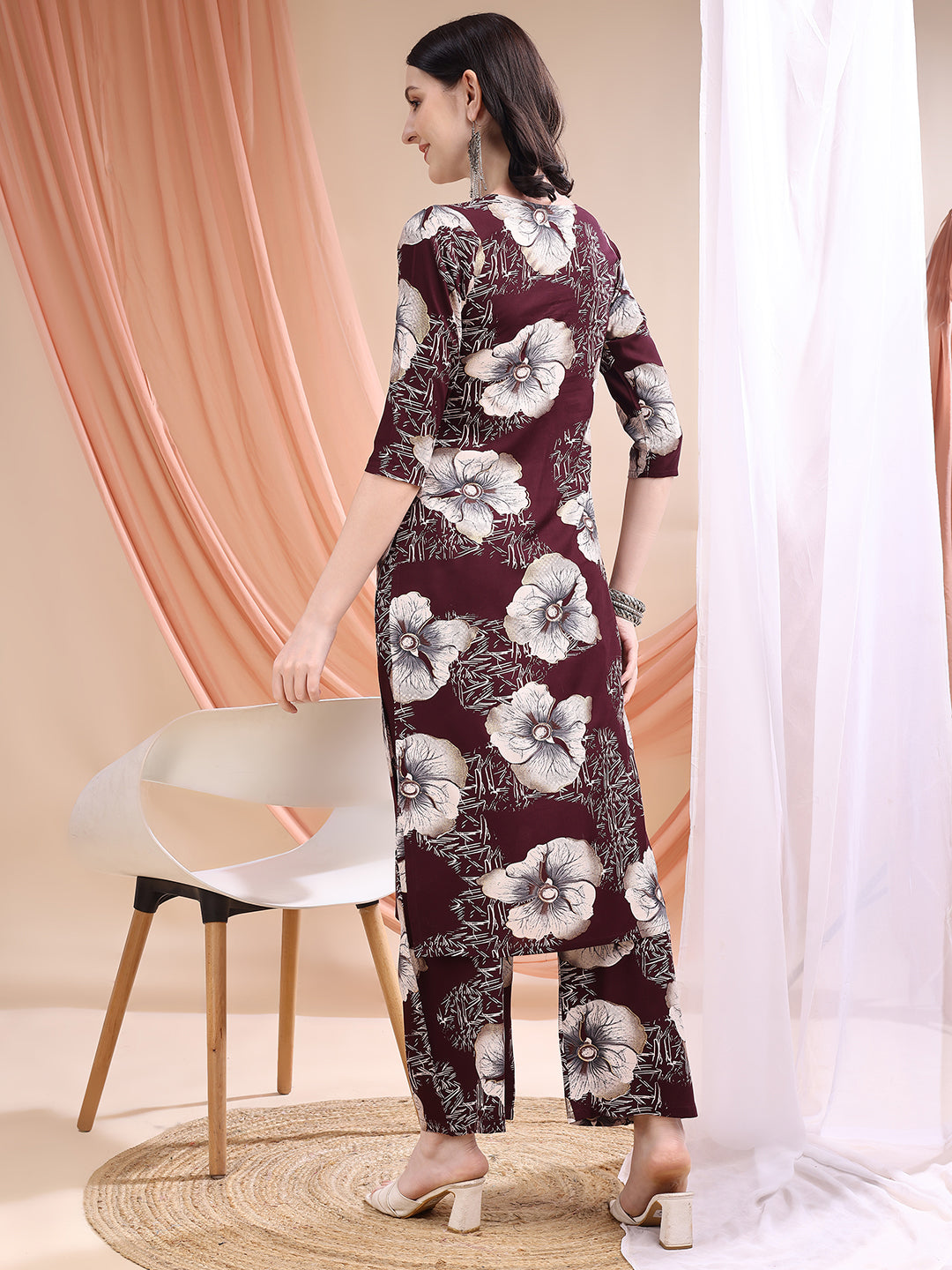 Floral Printed Kurta With Palazzo, Wine - Hiral Fashion | Grocsy