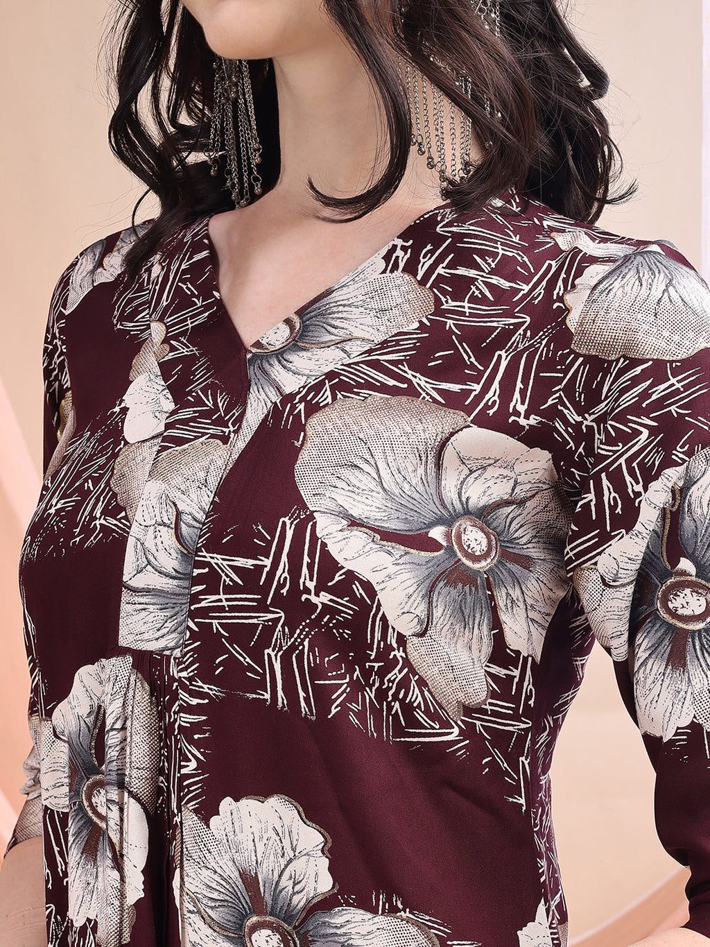 Floral Printed Kurta With Palazzo, Wine - Hiral Fashion | Grocsy