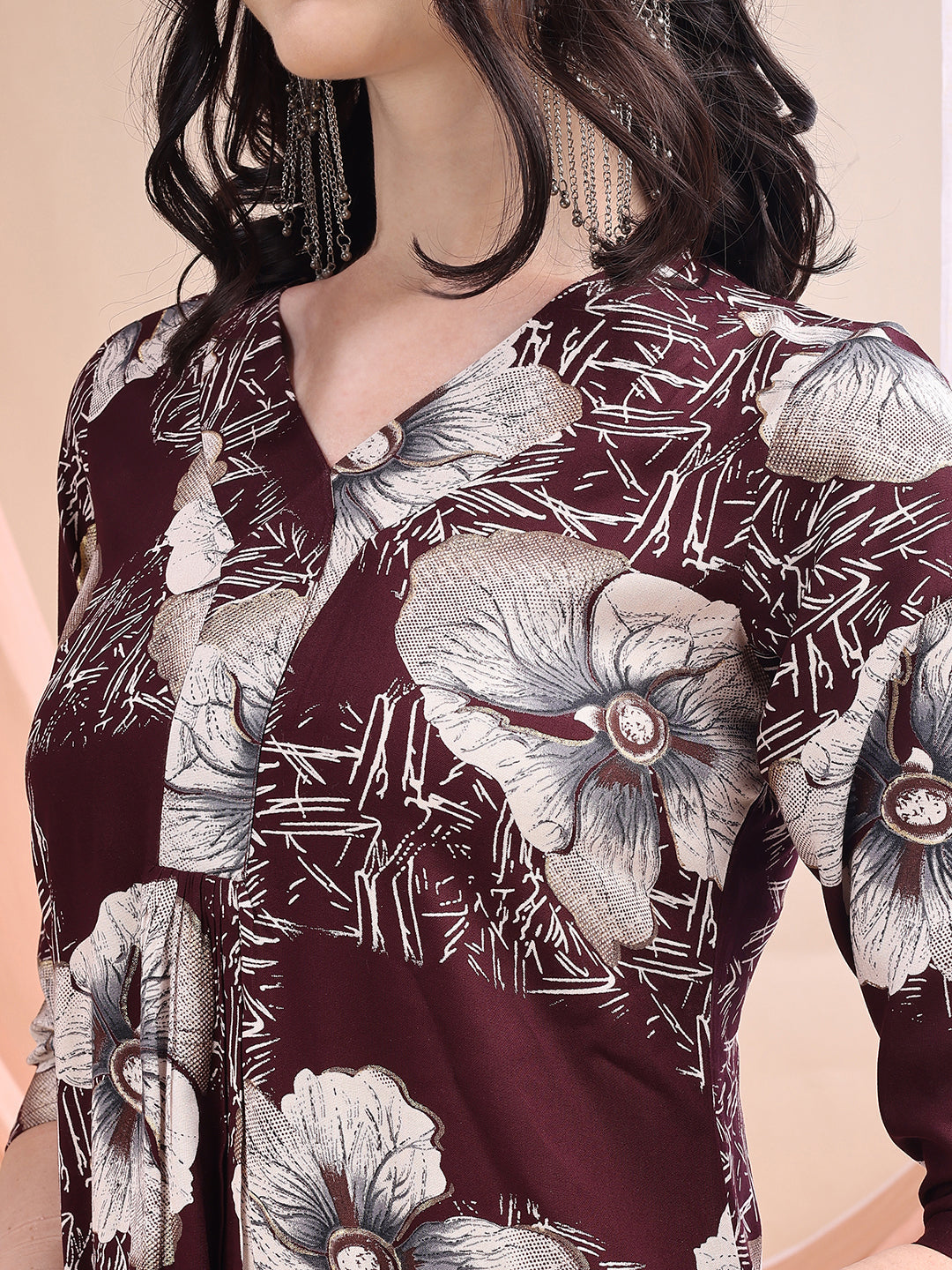 Floral Printed Kurta With Palazzo, Wine - Hiral Fashion | Grocsy