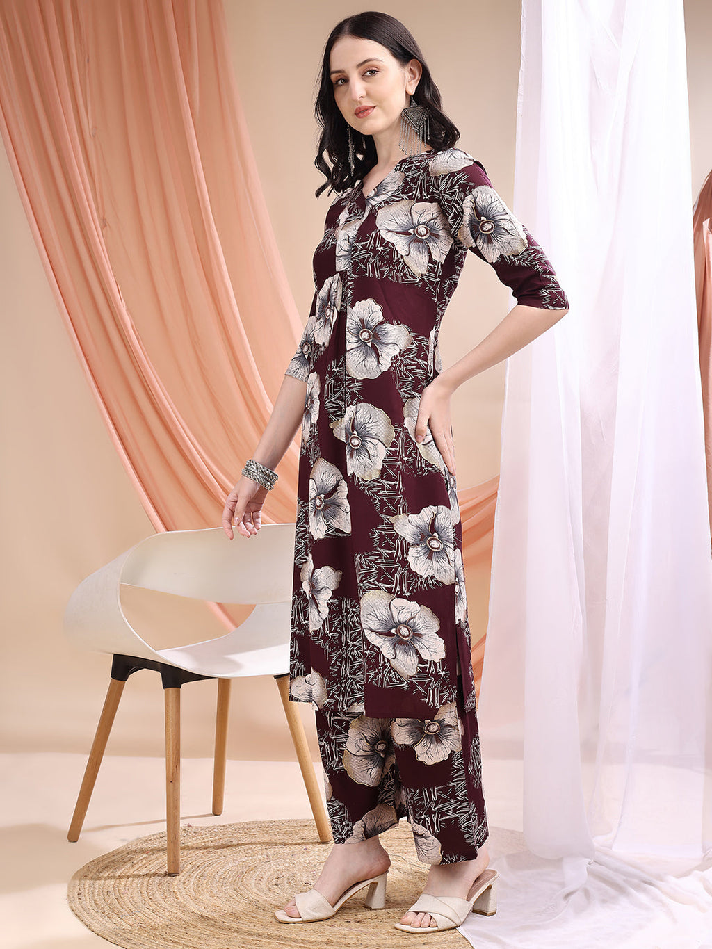 Floral Printed Kurta With Palazzo, Wine - Hiral Fashion | Grocsy