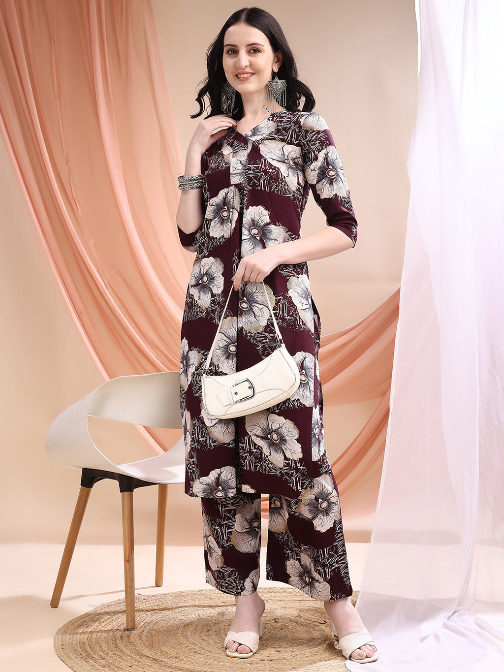 Floral Printed Kurta With Palazzo, Wine - Hiral Fashion | Grocsy