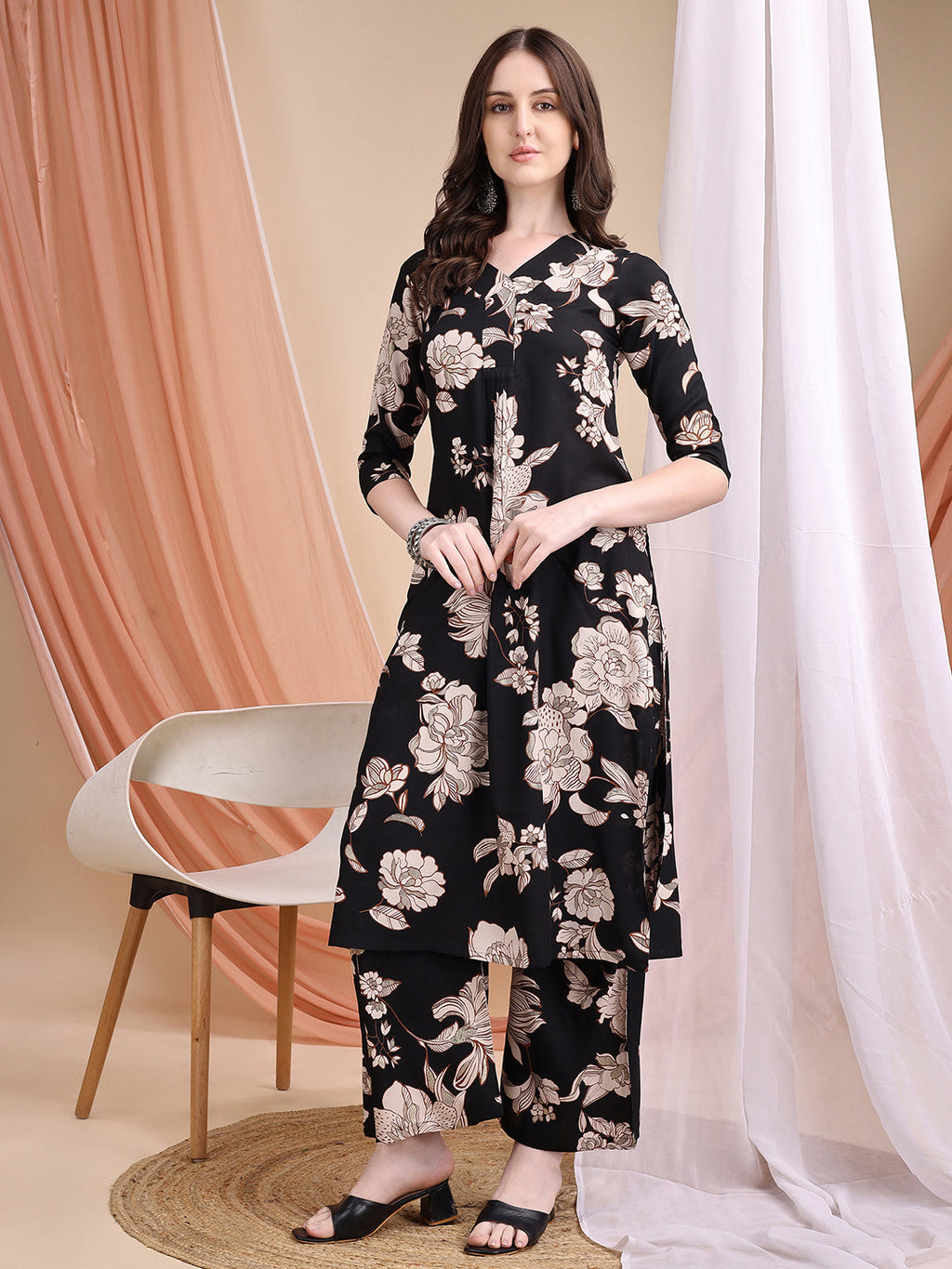 Floral Printed Kurta Set, Black - Hiral Fashion | Grocsy