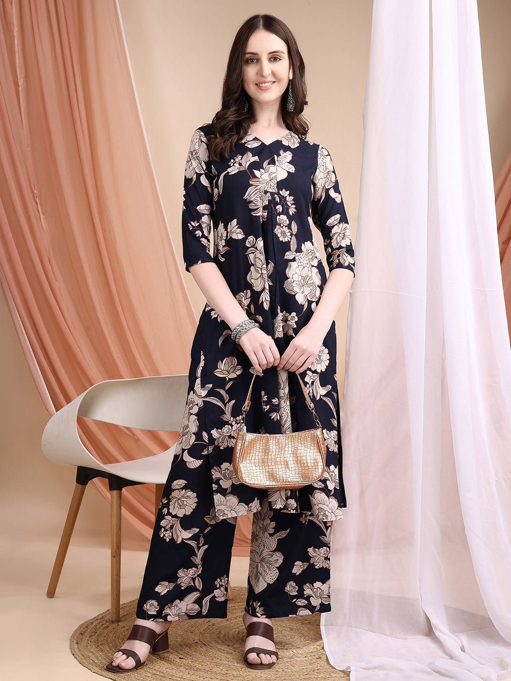 Floral Printed Kurta Set, Navy Blue - Hiral Fashion | Grocsy