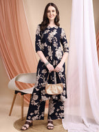Floral Printed Kurta Set, Navy Blue - Hiral Fashion | Grocsy