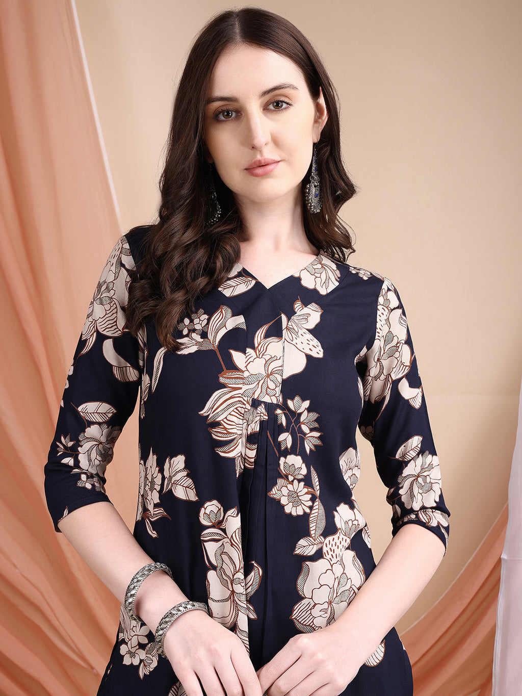 Floral Printed Kurta Set, Navy Blue - Hiral Fashion | Grocsy