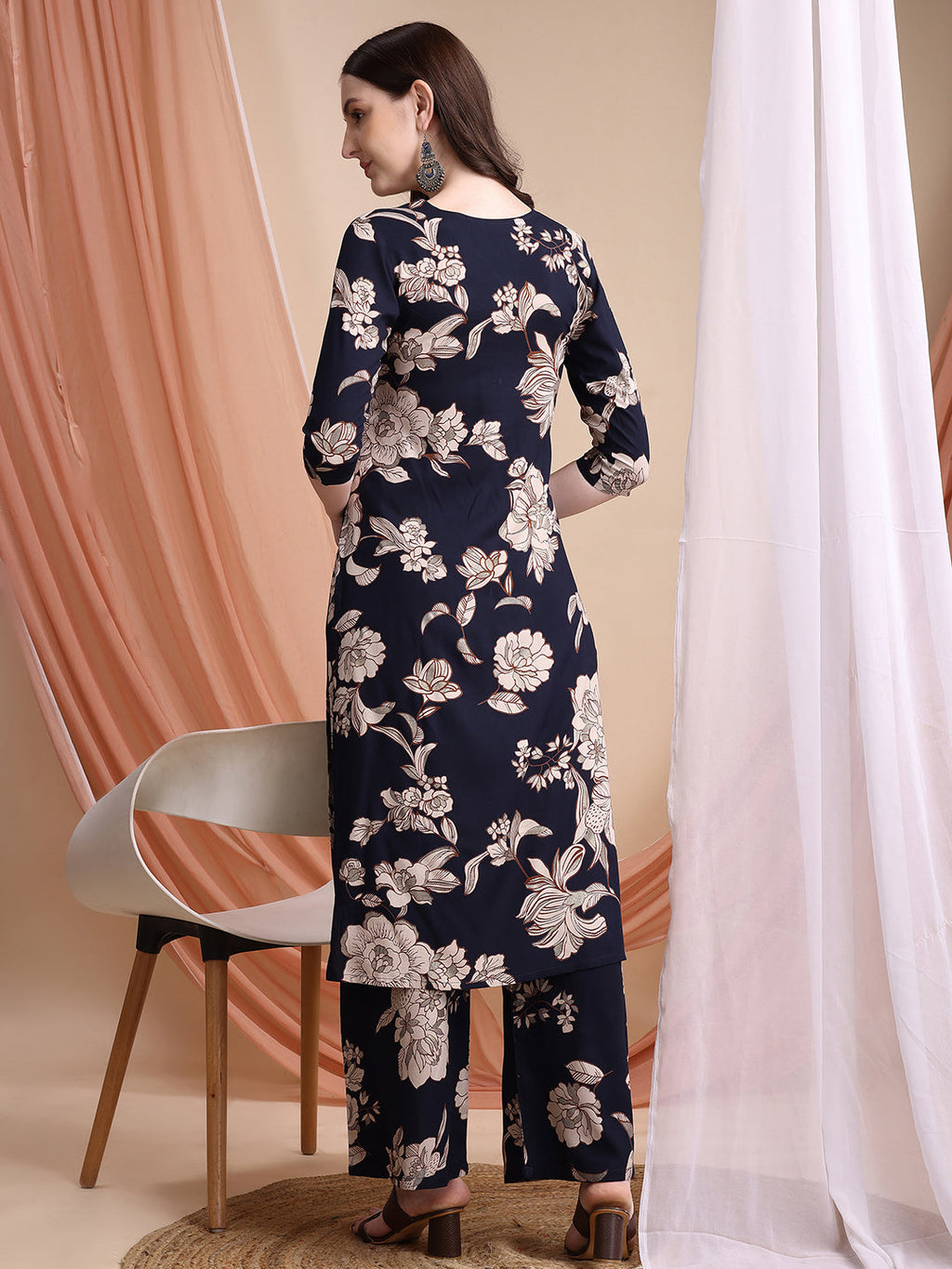 Floral Printed Kurta Set, Navy Blue - Hiral Fashion | Grocsy