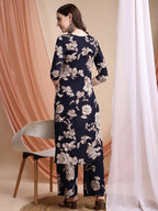 Floral Printed Kurta Set, Navy Blue - Hiral Fashion | Grocsy
