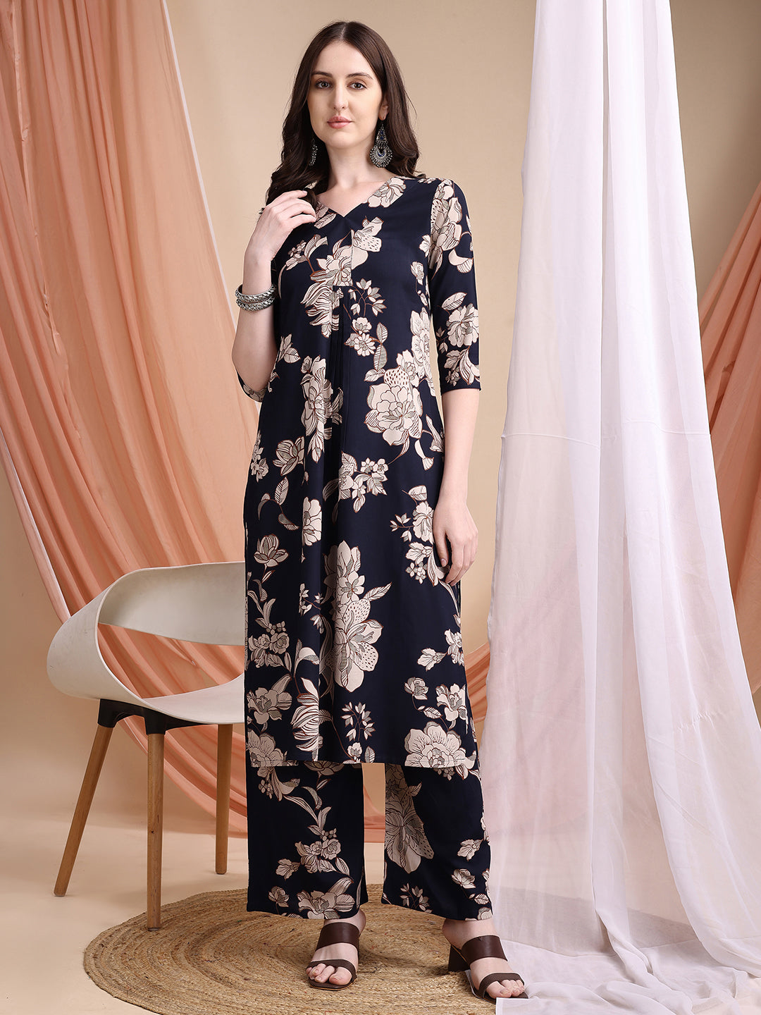 Floral Printed Kurta Set, Navy Blue - Hiral Fashion | Grocsy