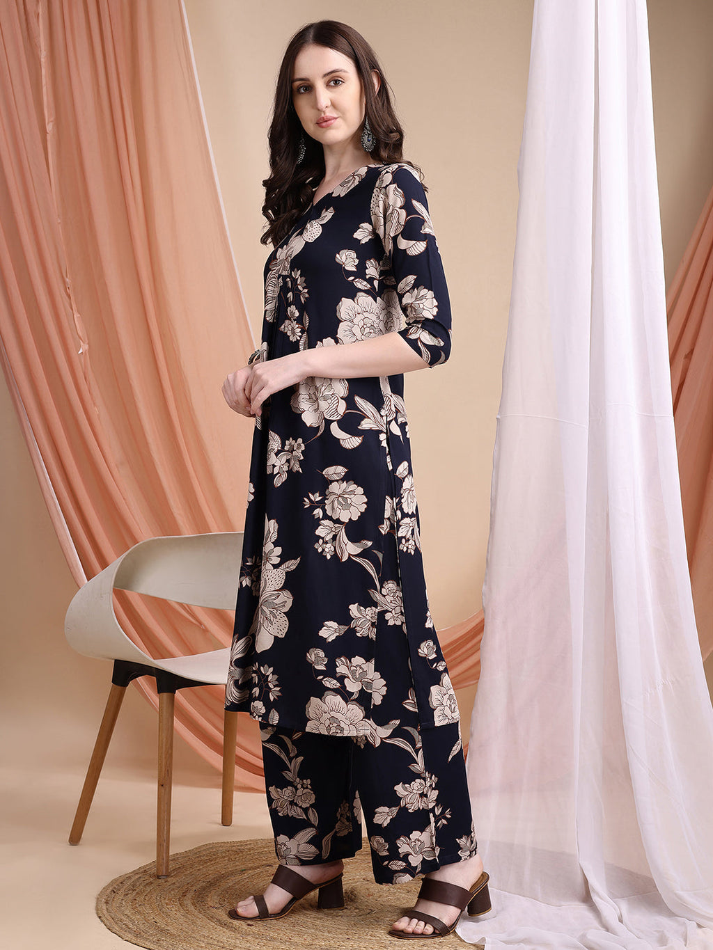 Floral Printed Kurta Set, Navy Blue - Hiral Fashion | Grocsy