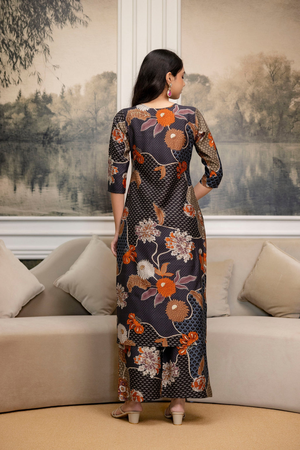 Floral Motifs Printed Kurta With Palazzo, Grey - Hiral Fashion | Grocsy