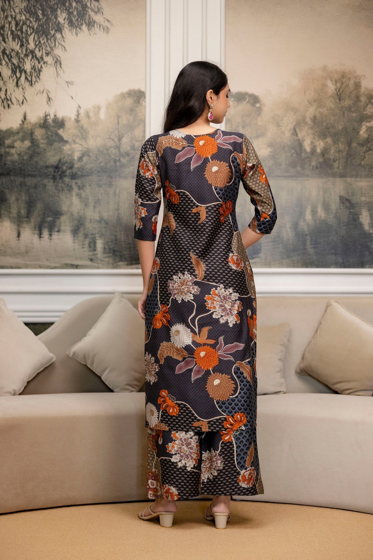 Floral Motifs Printed Kurta With Palazzo, Grey - Hiral Fashion | Grocsy