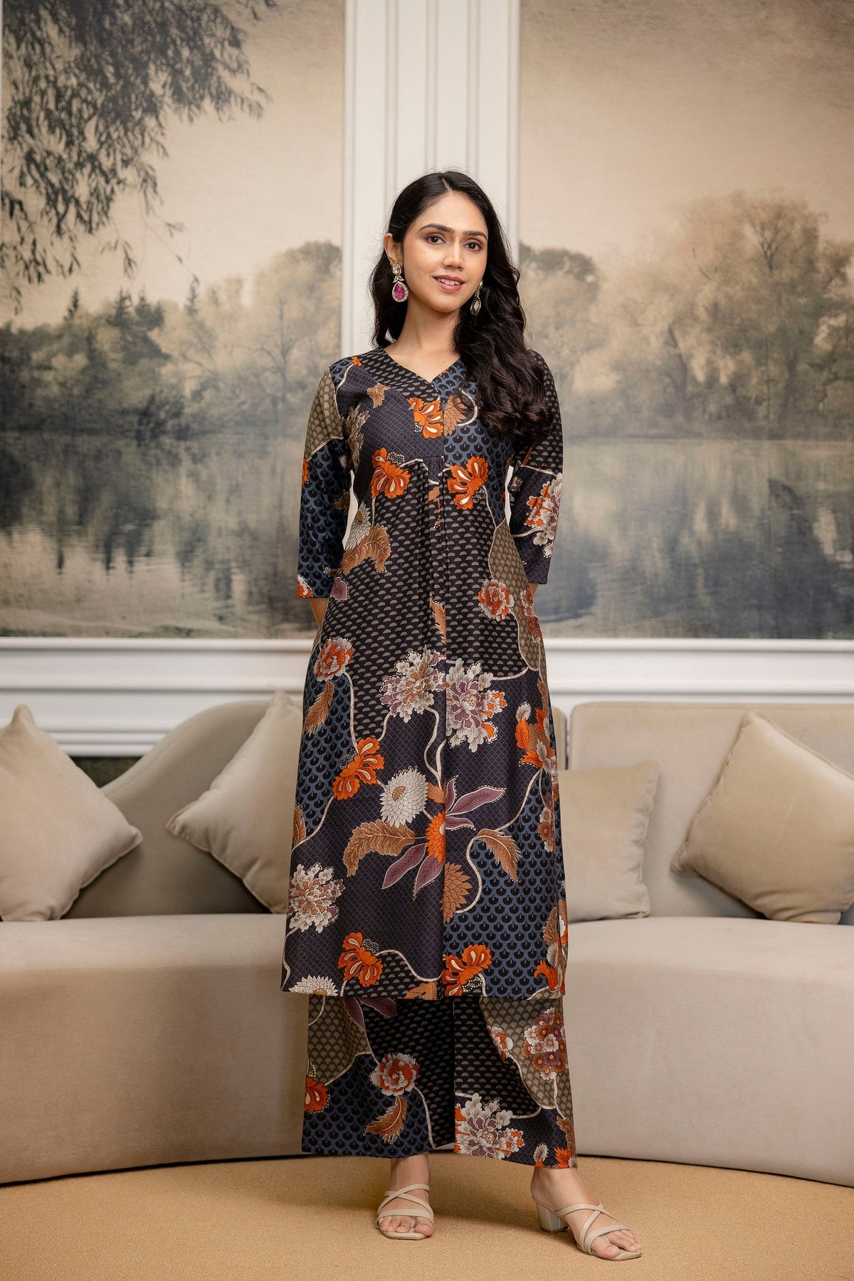 Floral Motifs Printed Kurta With Palazzo, Grey - Hiral Fashion | Grocsy