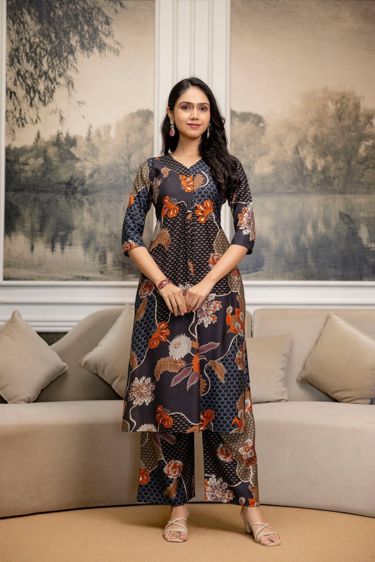Floral Motifs Printed Kurta With Palazzo, Grey - Hiral Fashion | Grocsy