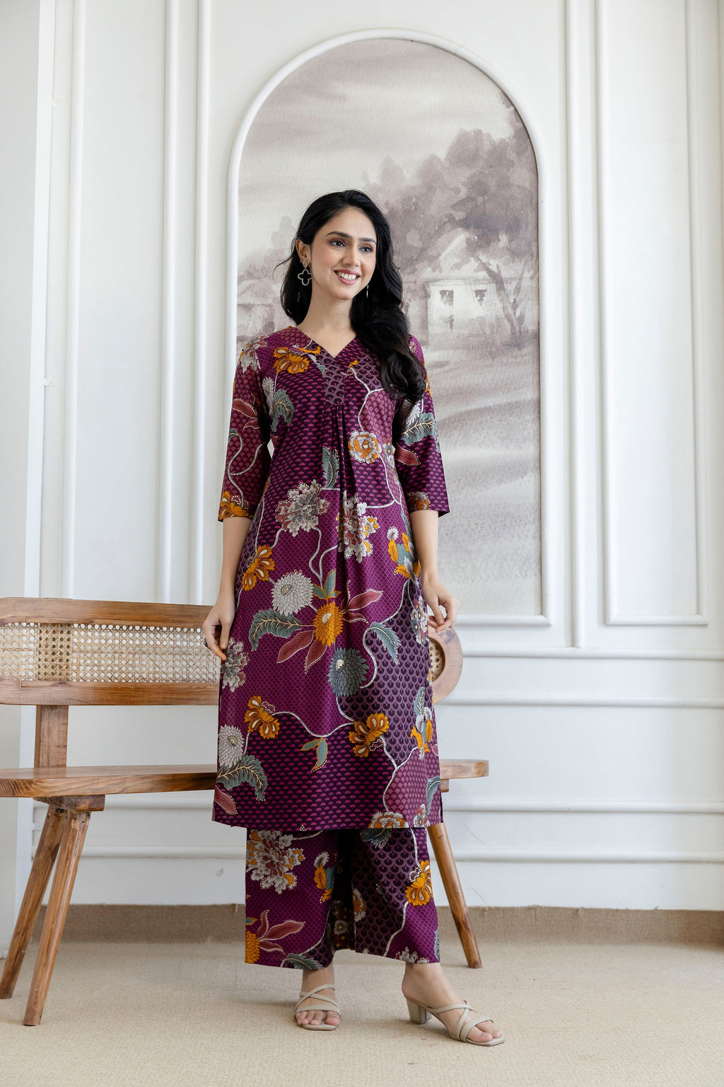 Floral Motifs Printed Kurta With Palazzo, Purple - Hiral Fashion | Grocsy