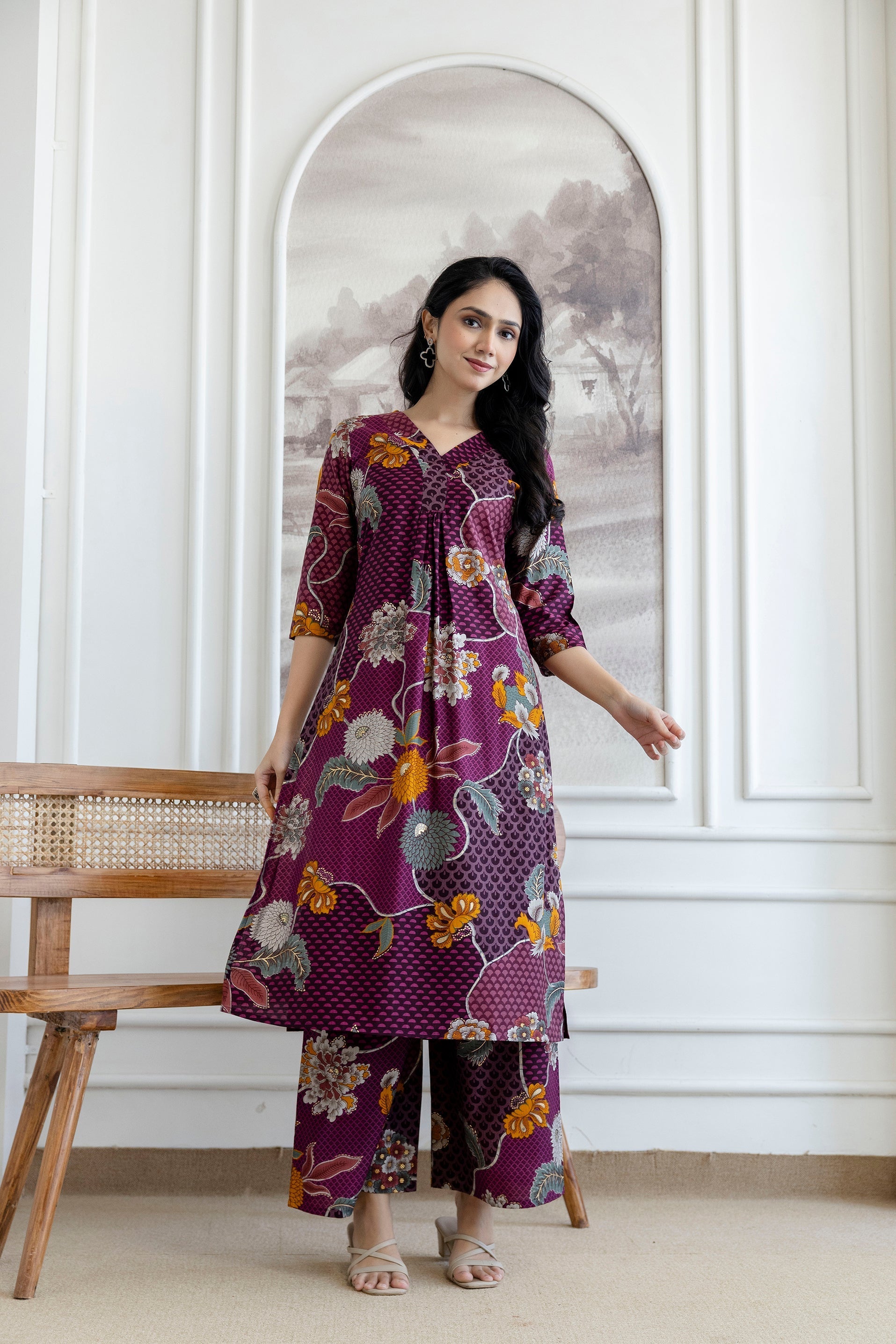 Floral Motifs Printed Kurta With Palazzo, Purple - Hiral Fashion | Grocsy