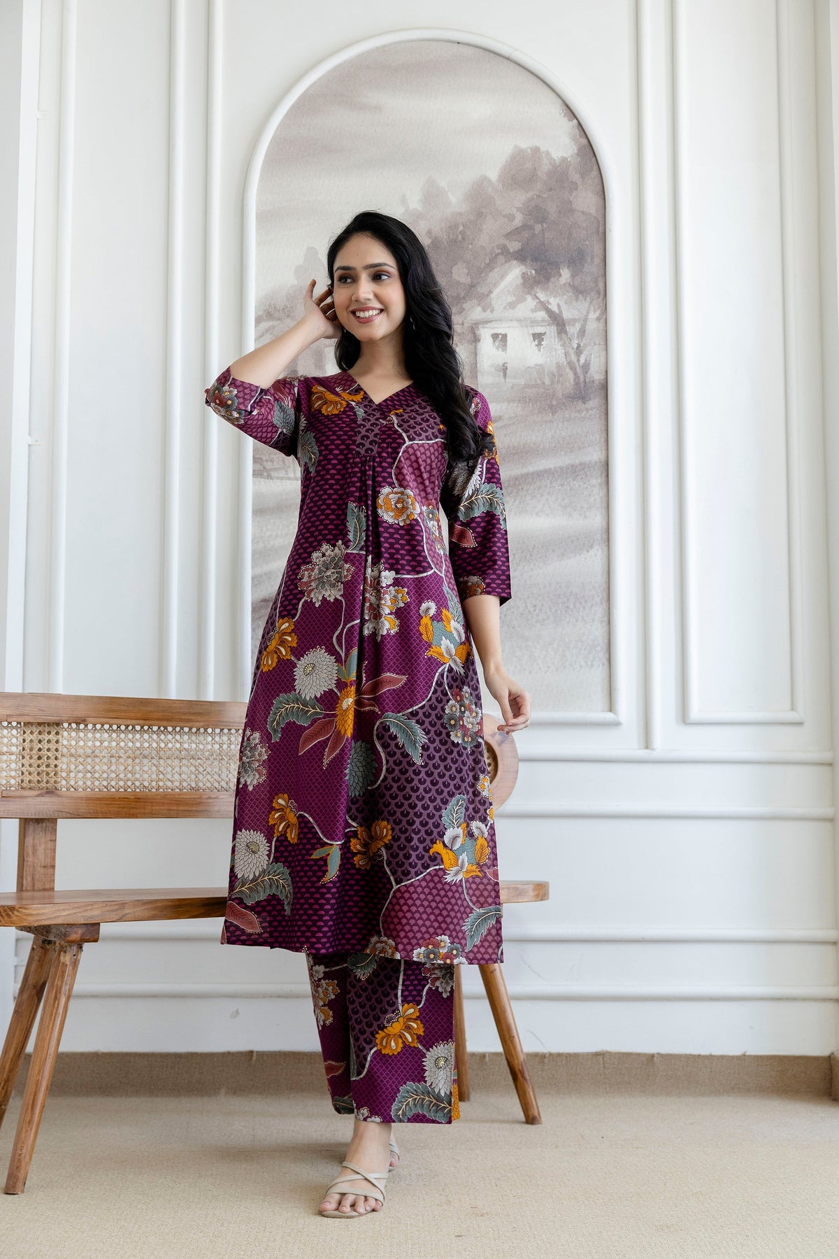 Floral Motifs Printed Kurta With Palazzo, Purple - Hiral Fashion | Grocsy