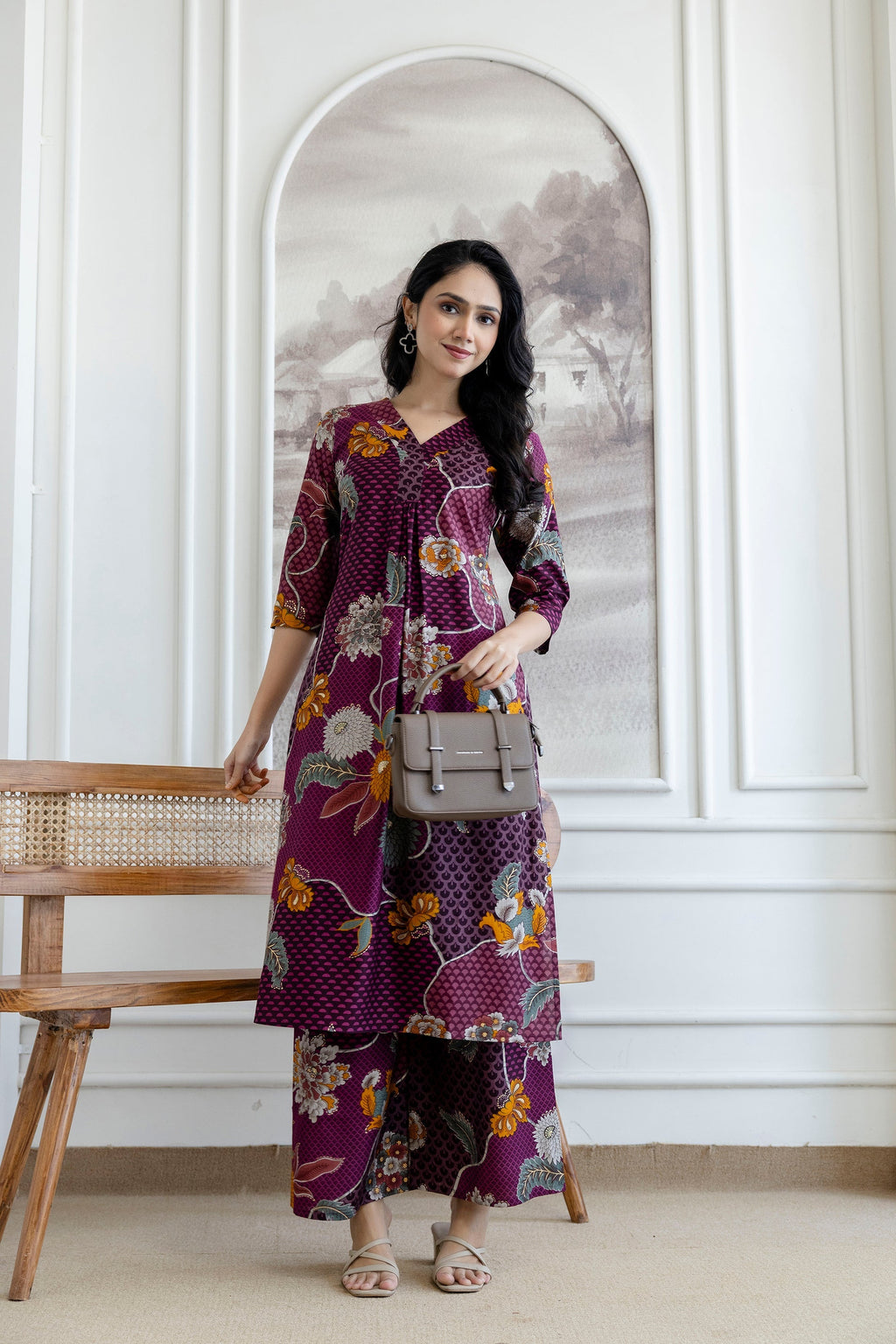 Floral Motifs Printed Kurta With Palazzo, Purple - Hiral Fashion | Grocsy