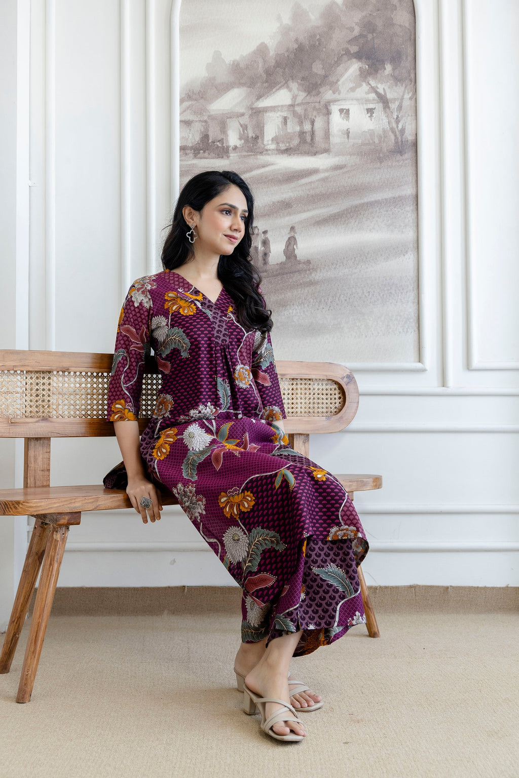 Floral Motifs Printed Kurta With Palazzo, Purple - Hiral Fashion | Grocsy